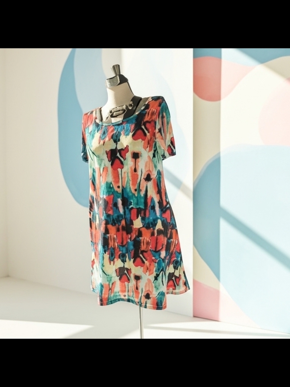Multicolor Abstract Print Mini Cotton T-Shirt Dress, Size L